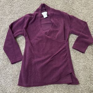 SOFT‎ SURROUNDINGS Size Petite XS Wrap Purple Ruched Sweater Top Fleece V Neck